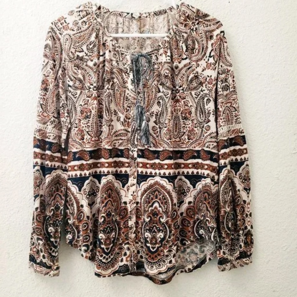 LUCKY BRAND Shirt Large Boho Aztec Print Tie-Neck Beachy Spring Summer